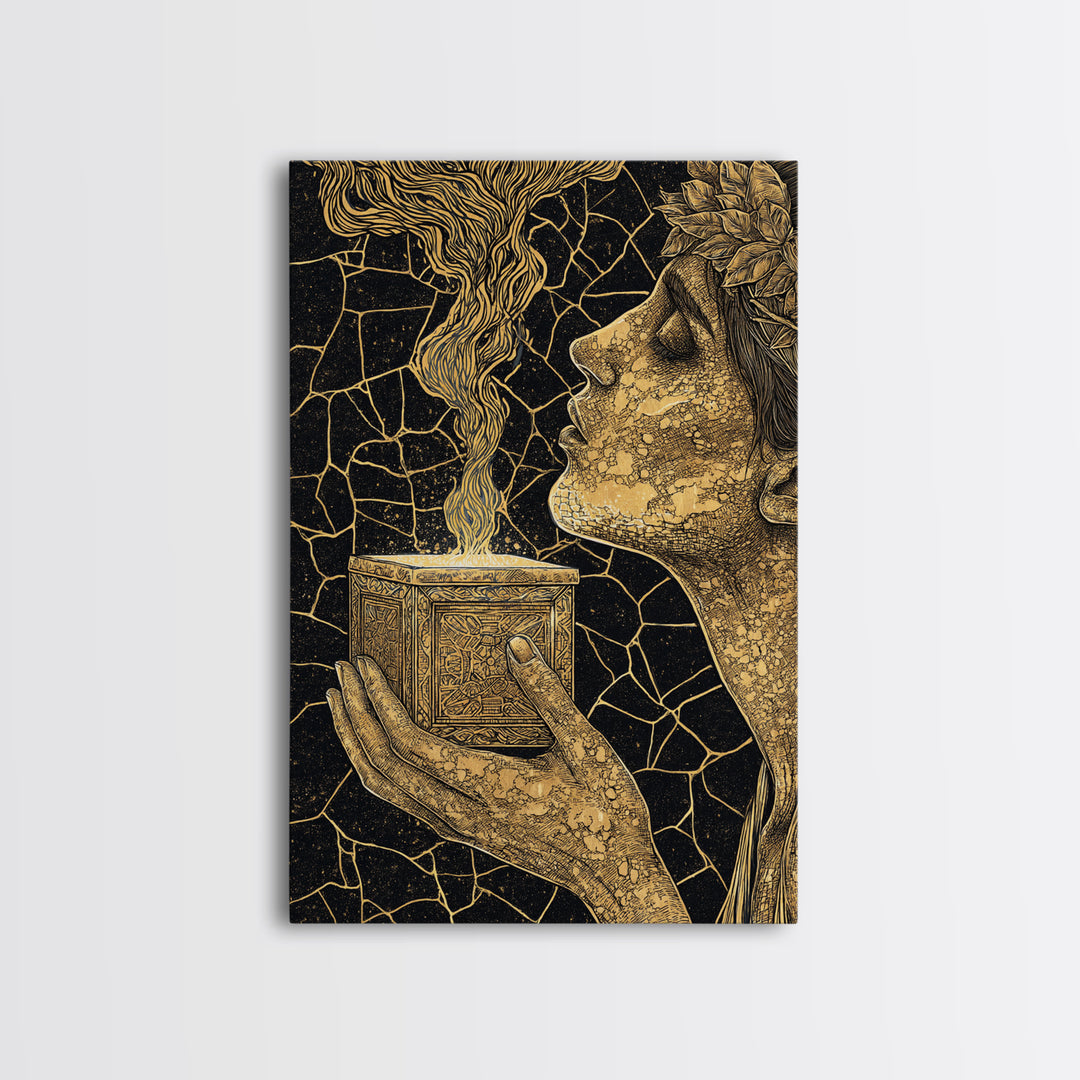 Pandora Opening Mythical Box, Surreal Greek Goddess Design, Canvas Gold Canvas Print, Mythological Wall Art, Real Wood Frame, Enchanting