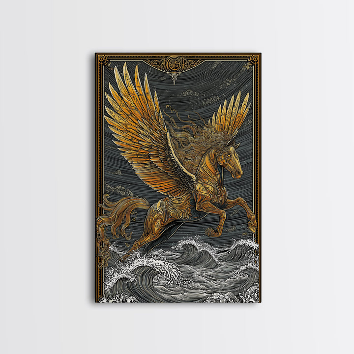 Pegasus Flying Above Waves, Mythical Winged Horse Art, Canvas Gold Art, Greek Mythology Wall Print, Real Wood Frame, Heroic Statement
