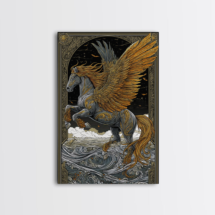 Winged Pegasus Canvas Gold Canvas Print, Mythology Wall Art, Luxury Equine Artwork, Real Wood Framed Mythical Decor