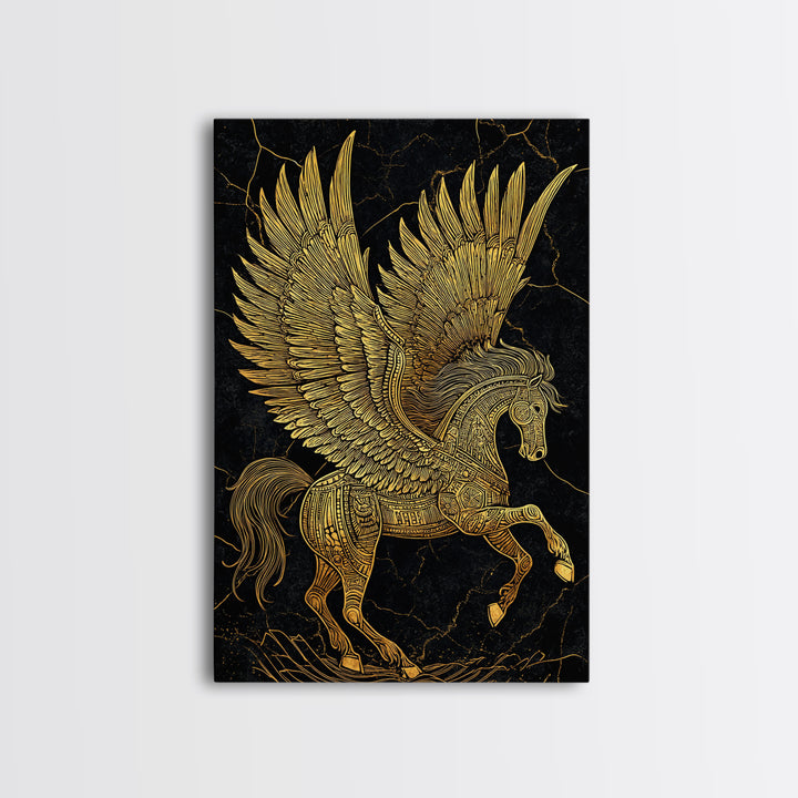 Golden Pegasus Canvas Gold Canvas Print, Mythological Horse Artwork, Elegant Home Wall Art, Real Wood Framed Fantasy Decor