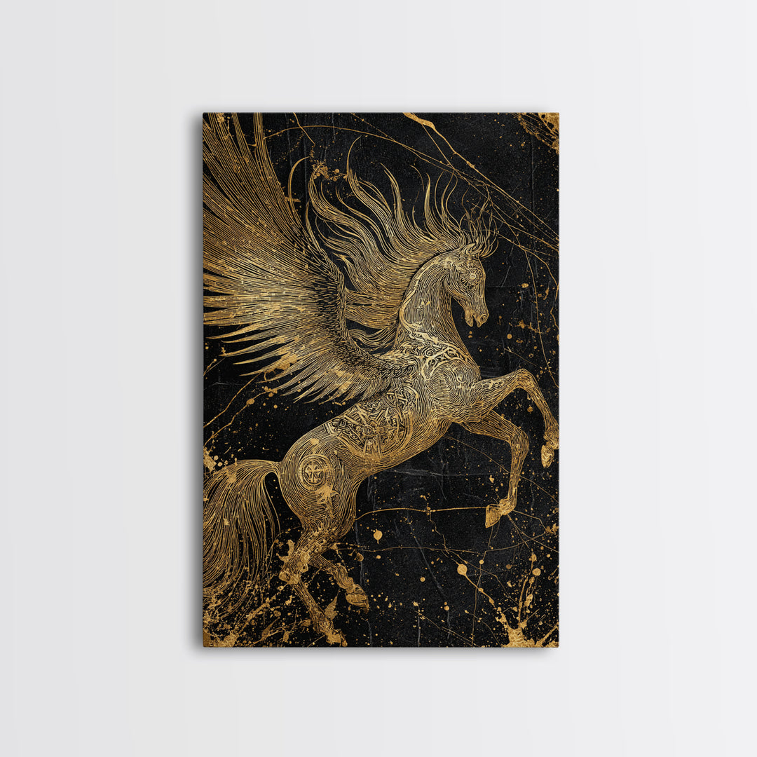 Abstract Pegasus Canvas Gold Art, Mythology Wall Print, Unique Equine Design, Real Wood Framed Modern Mythical Artwork
