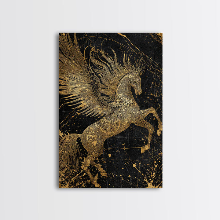 Abstract Pegasus Canvas Gold Art, Mythology Wall Print, Unique Equine Design, Real Wood Framed Modern Mythical Artwork