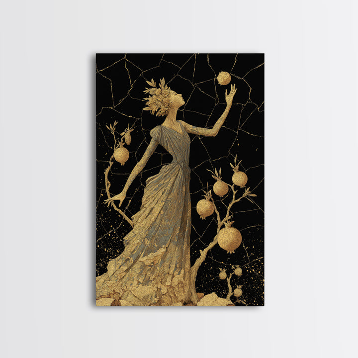 Persephone With Pomegranates Canvas Gold Canvas Print, Mythology Wall Art, Elegant Greek Goddess Decor, Real Wood Frame