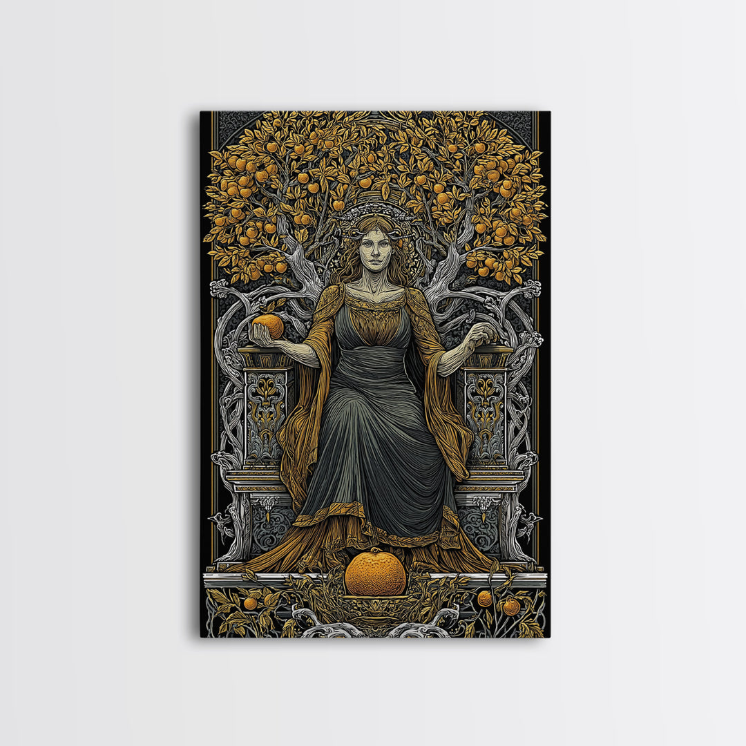 Seated Persephone Canvas Gold Canvas Print, Goddess Of Fertility Wall Art, Mythological Decor, Real Wood Framed Artwork