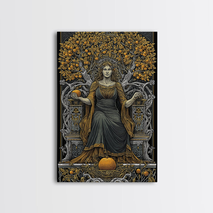 Seated Persephone Canvas Gold Canvas Print, Goddess Of Fertility Wall Art, Mythological Decor, Real Wood Framed Artwork