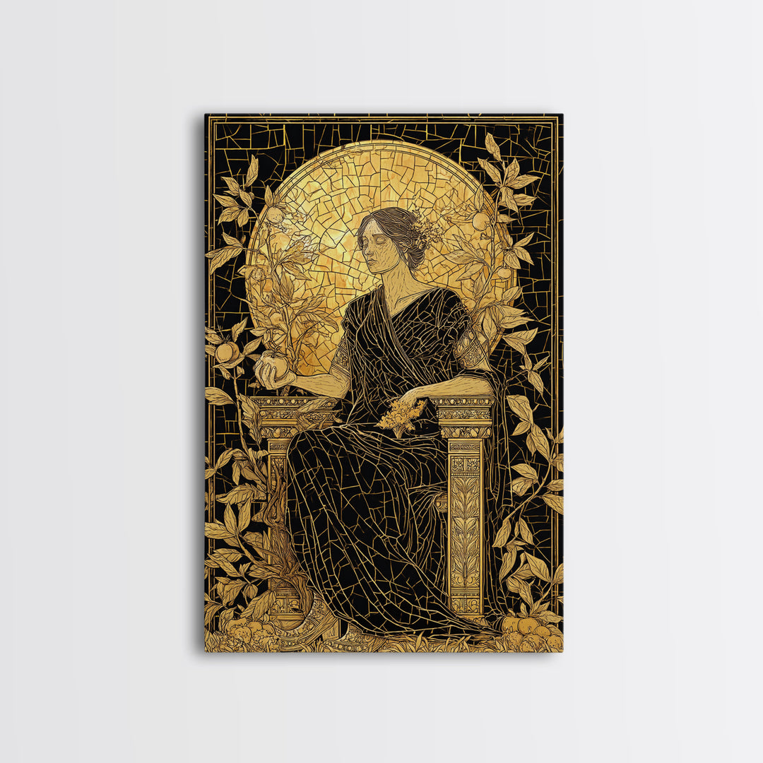 Persephone Mosaic Style Canvas Gold Canvas Print, Mythology Wall Art, Goddess Decor, Elegant Greek Inspired Real Wood Frame