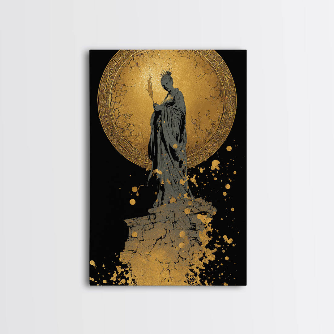 Goddess Statue Canvas Gold Canvas Print, Ancient Mythology Wall Art, Elegant Female Figure Artwork, Real Wood Framed Decor