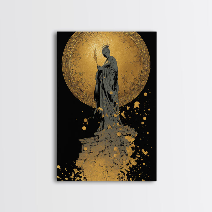 Goddess Statue Canvas Gold Canvas Print, Ancient Mythology Wall Art, Elegant Female Figure Artwork, Real Wood Framed Decor