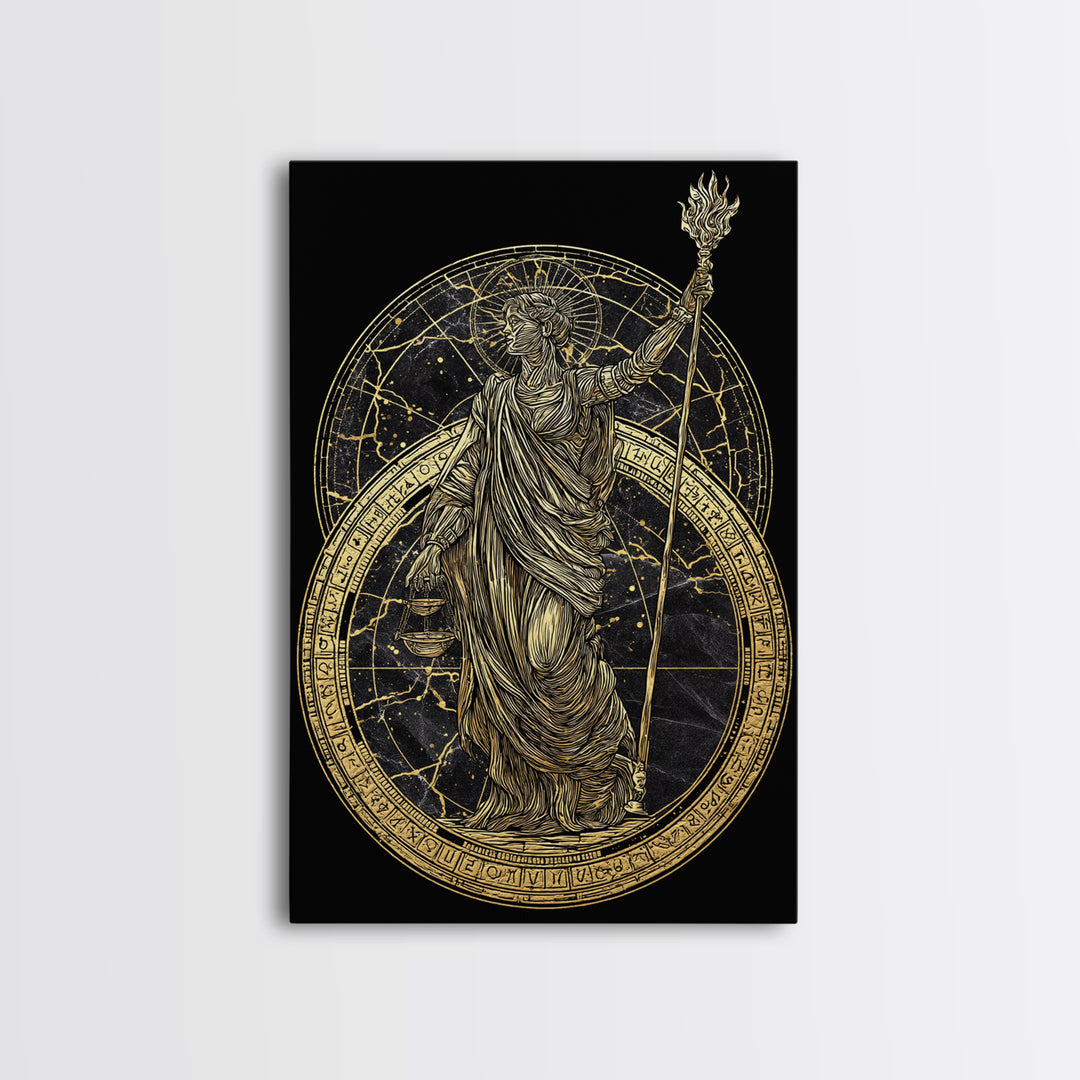 Divine Justice Canvas Gold Canvas Print, Goddess With Torch Wall Art, Mythological Decor, Real Wood Framed Elegant Artwork