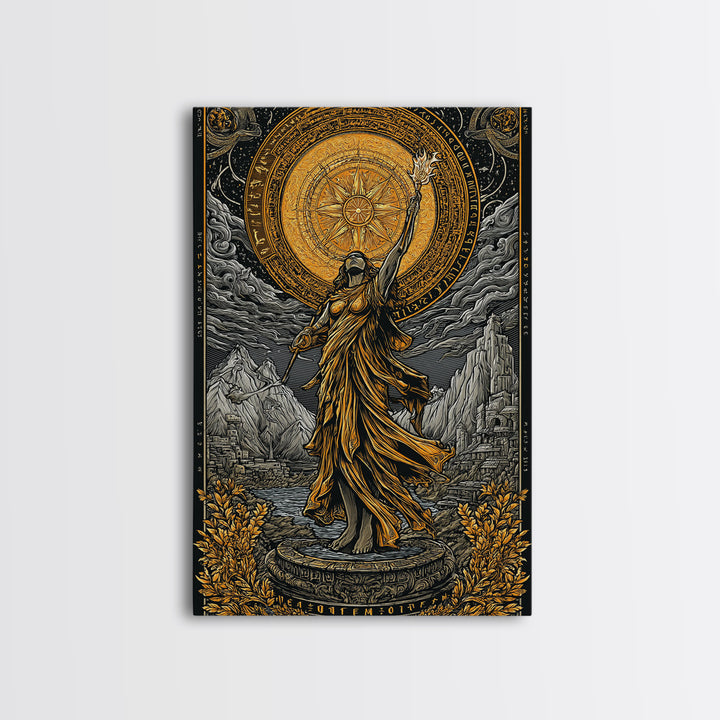 Celestial Goddess Canvas Gold Canvas Print, Mythology Wall Art, Radiant Female Figure Artwork, Real Wood Framed Luxurious Decor