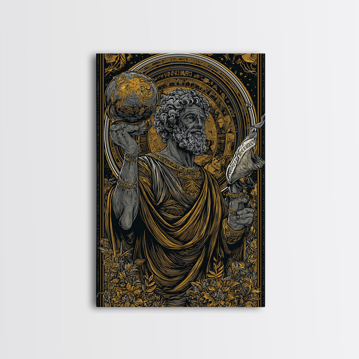 Classical Philosopher Holding Globe Canvas Gold Canvas Print, Ancient Scholar Canvas Gold Art, Real Wood Framed Mythology Decor