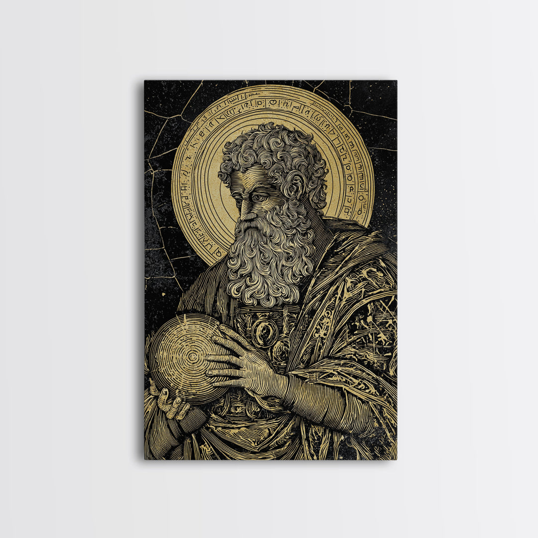 Ancient Philosopher Portrait Canvas Gold Canvas Print, Scholar With Cosmic Halo Canvas Gold Art, Real Wood Frame Historical Wall Art