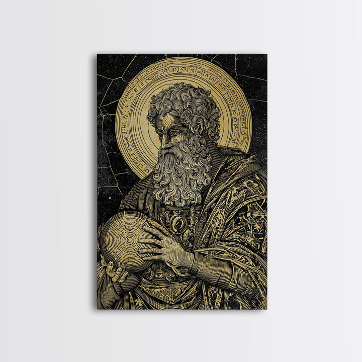 Ancient Philosopher Portrait Canvas Gold Canvas Print, Scholar With Cosmic Halo Canvas Gold Art, Real Wood Frame Historical Wall Art
