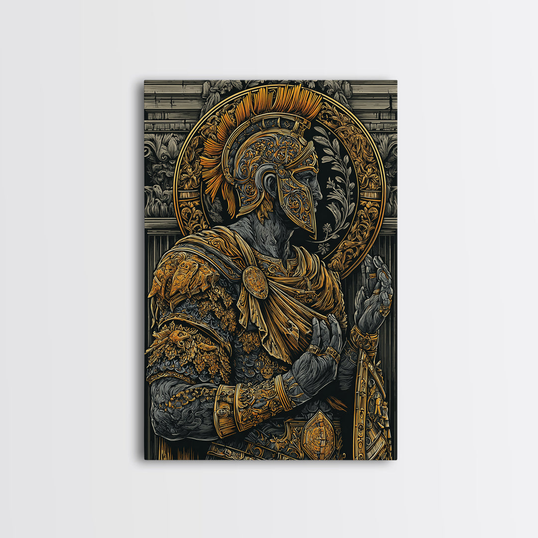 Roman General Warrior Canvas Gold Canvas Print, Gladiator Armor Portrait Canvas Gold Art, Real Wood Frame Classical Mythology Decor