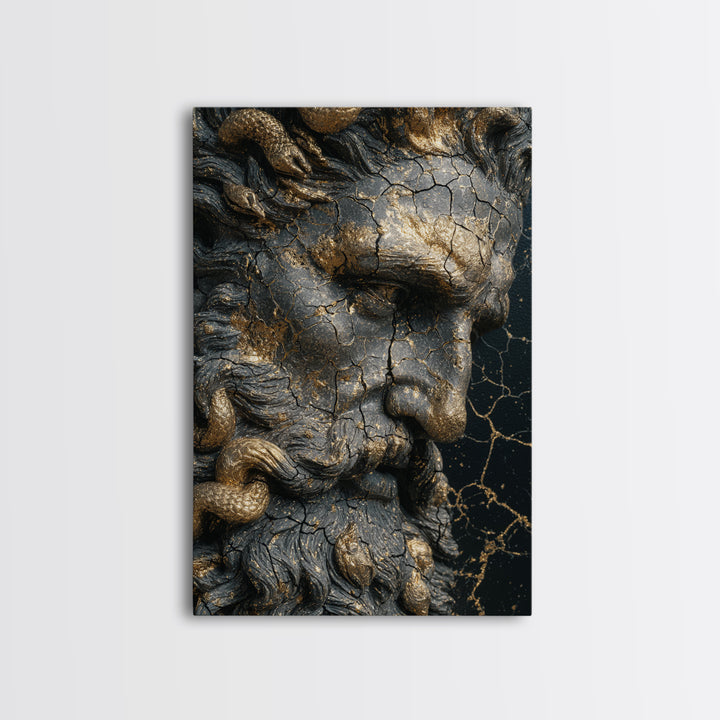 Mythological Sea God Bust Canvas Gold Canvas Print, Ancient Ocean Deity Canvas Gold Art, Real Wood Frame Classical Myth Sculpture