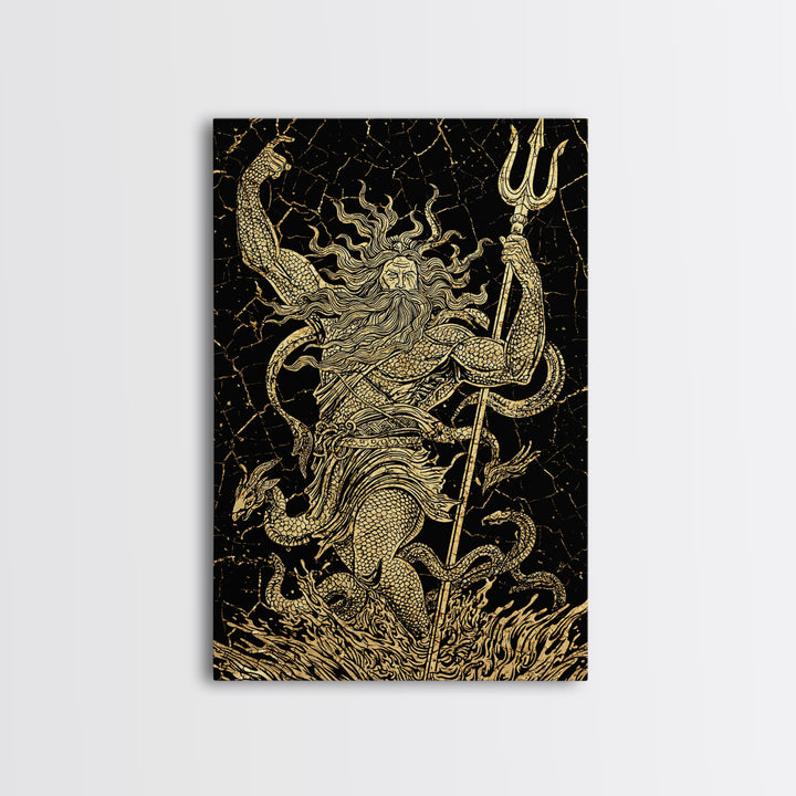 Poseidon Sea God With Serpent Canvas Gold Canvas Print, Ocean Deity With Trident Canvas Gold Art, Real Wood Frame Mythological Decor