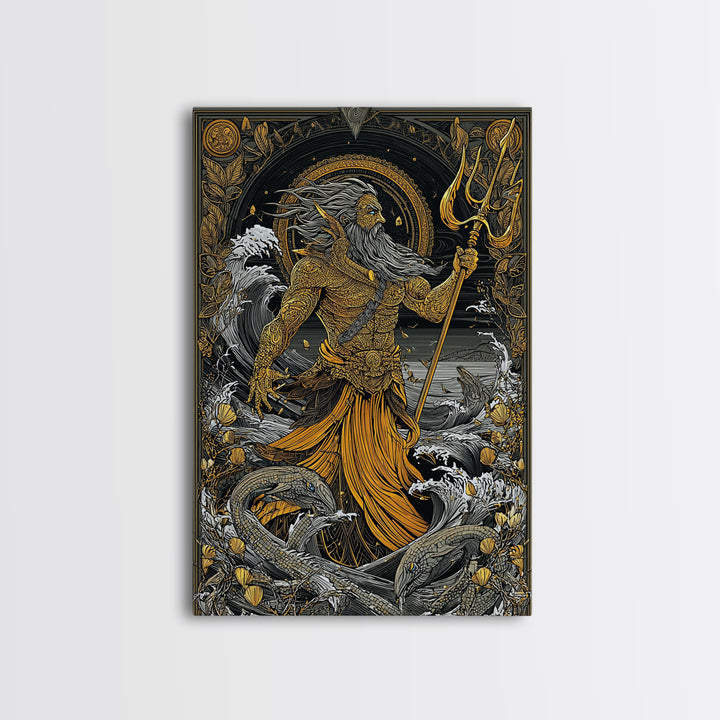 Poseidon Mythical Sea God Canvas Gold Canvas Print, Ocean Trident Warrior Canvas Gold Art, Real Wood Frame Ancient Mythology Decor