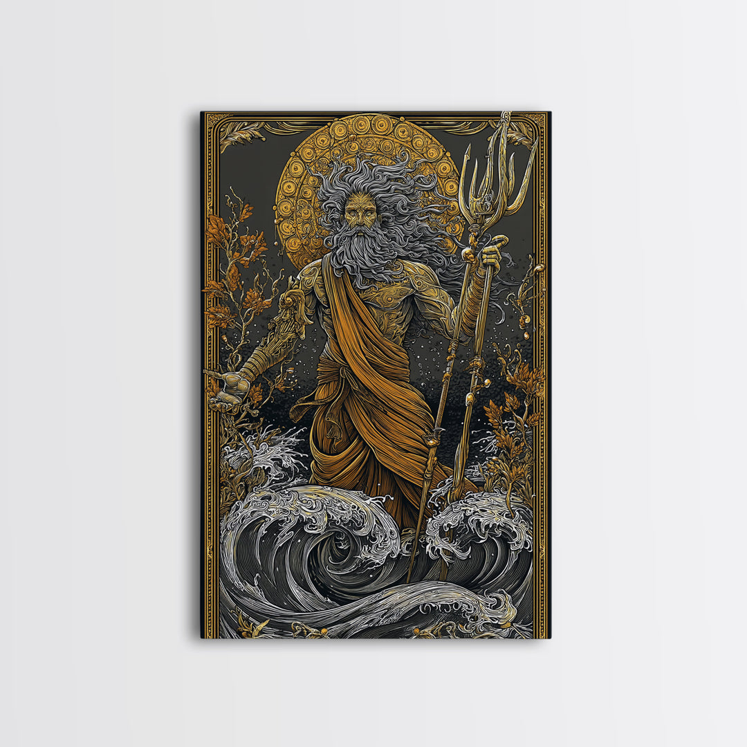Poseidon Ocean God With Trident Canvas Gold Canvas Print, Mythical Sea Deity Canvas Gold Art, Real Wood Frame Mythology Wall Art