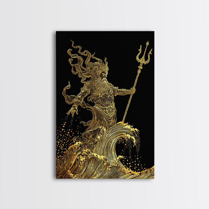 Poseidon Sea God Statue Canvas Gold Canvas Print, Ocean Deity With Waves Canvas Gold Art, Real Wood Frame Classical Mythology Decor