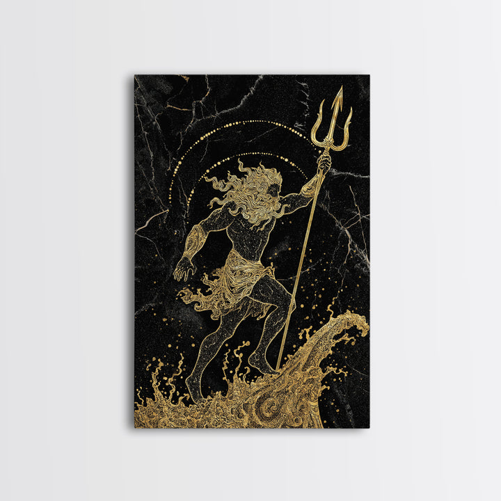 Poseidon Ruler Of The Seas Canvas Gold Canvas Print, Ancient Trident God Canvas Gold Art, Real Wood Frame Mythological Wall Decor