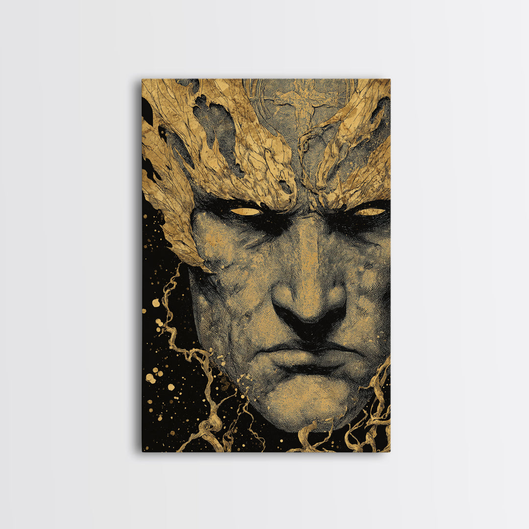 Prometheus Mythological Titan Canvas Gold Canvas Print, Fire Bringer Greek Myth Canvas Gold Art, Real Wood Frame Ancient Legend Decor