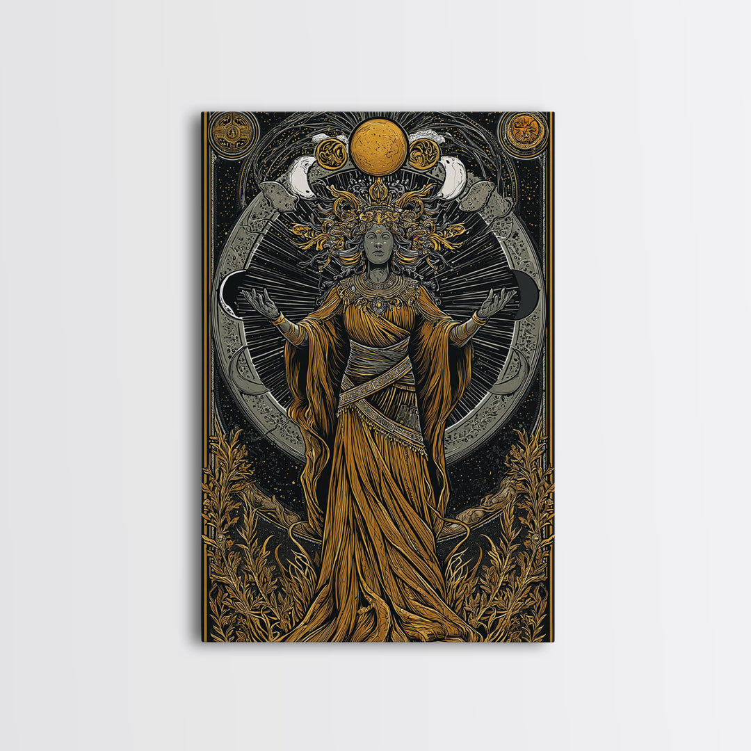 Selene Canvas Gold Canvas Print, Moon Goddess Art, Real Wood Frame, Mythology Wall Decor, Celestial Luxury Artwork