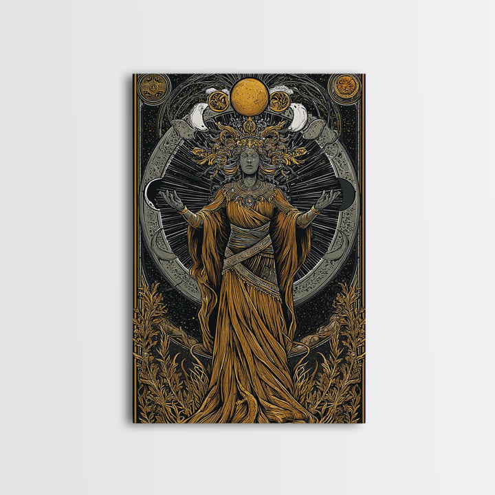 Selene Canvas Gold Canvas Print, Moon Goddess Art, Real Wood Frame, Mythology Wall Decor, Celestial Luxury Artwork