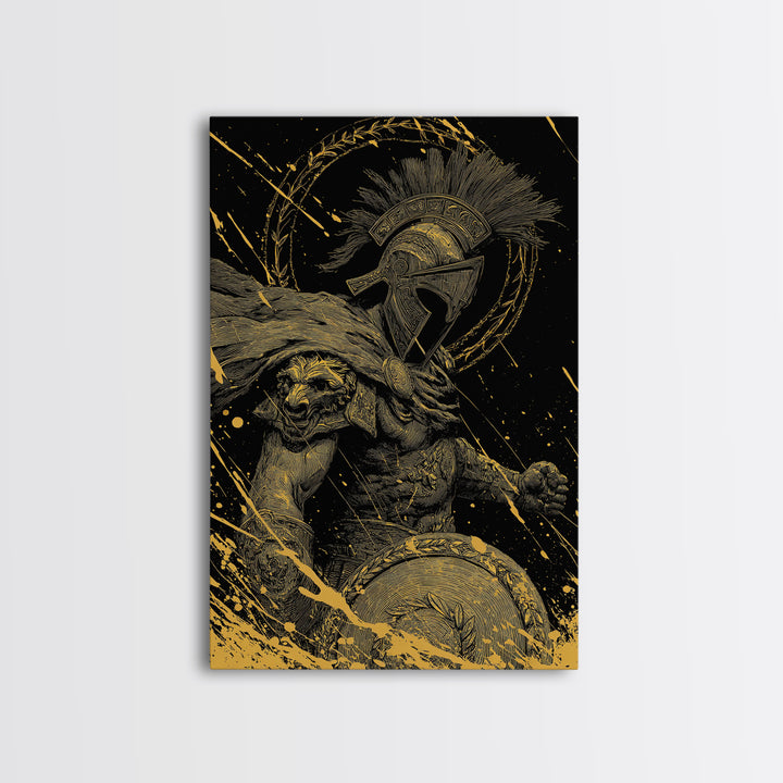 Ares Canvas Gold Canvas Print, Greek God Of War Art, Real Wood Frame, Warrior Decor, Mythology Luxury Canvas Artwork
