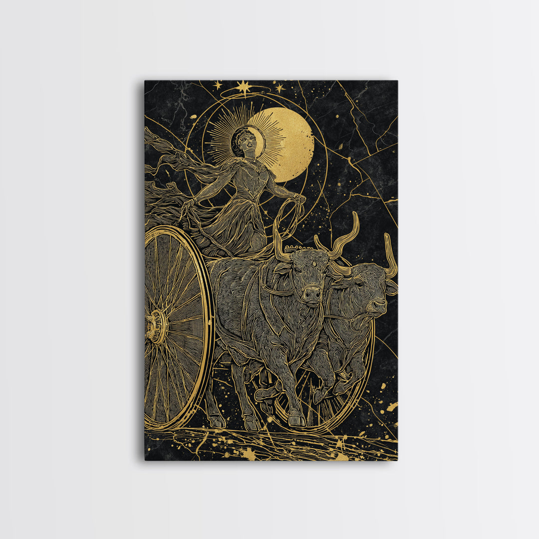 Selene Chariot Canvas Gold Canvas Print, Moon Goddess Art, Real Wood Frame, Mythology Decor, Celestial Canvas Artwork