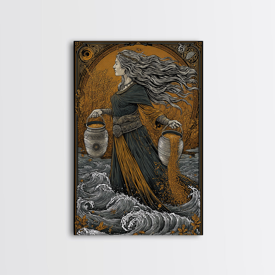 Aquarius Goddess Canvas Gold Canvas Print, Mythology Wall Art, Luxury Astrology Artwork, Real Wood Frame, Unique Home Decor
