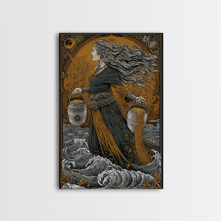Aquarius Goddess Canvas Gold Canvas Print, Mythology Wall Art, Luxury Astrology Artwork, Real Wood Frame, Unique Home Decor