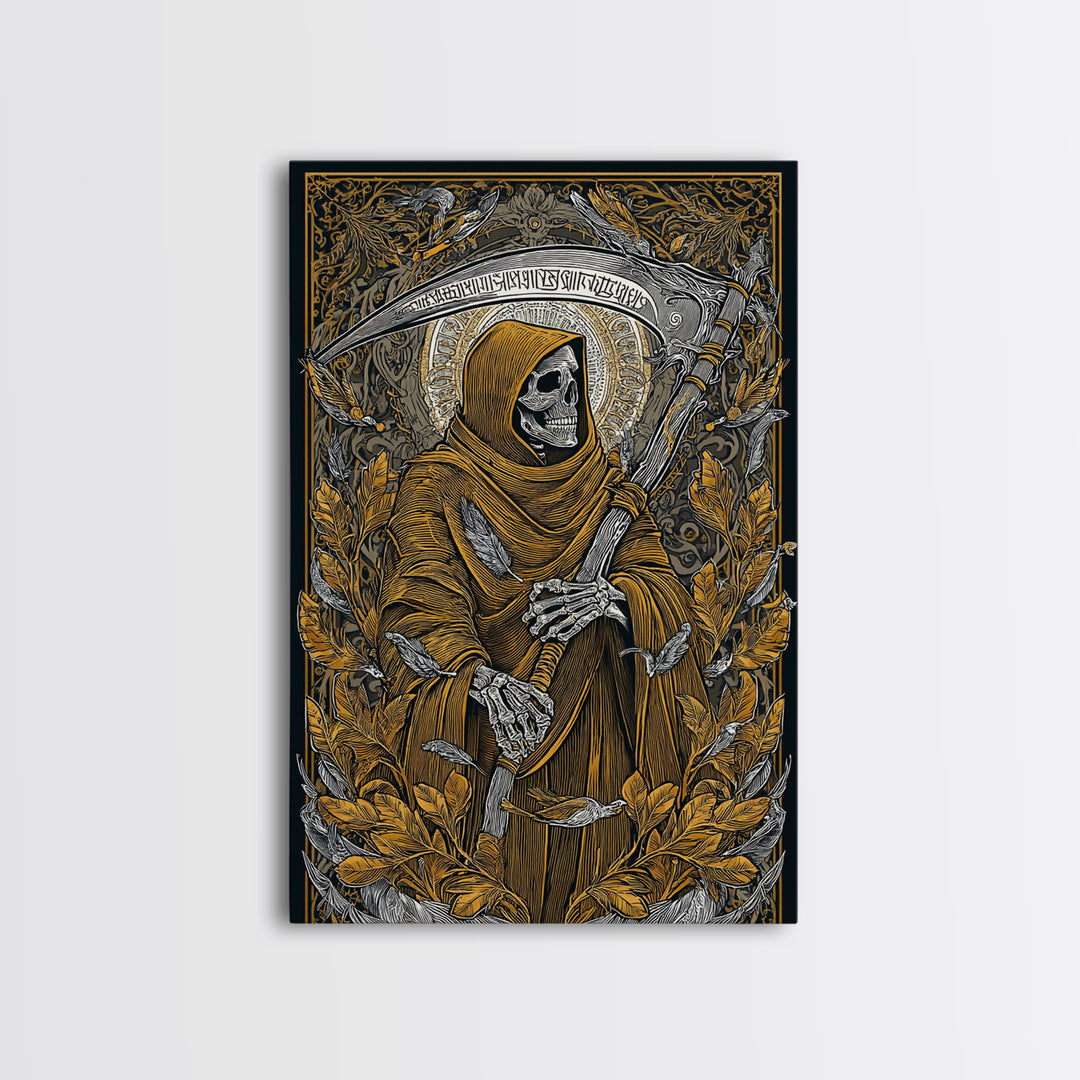 Grim Reaper Canvas Gold Canvas Print, Gothic Mythology Wall Art, Skeleton With Scythe Artwork, Real Wood Frame, Dark Decor