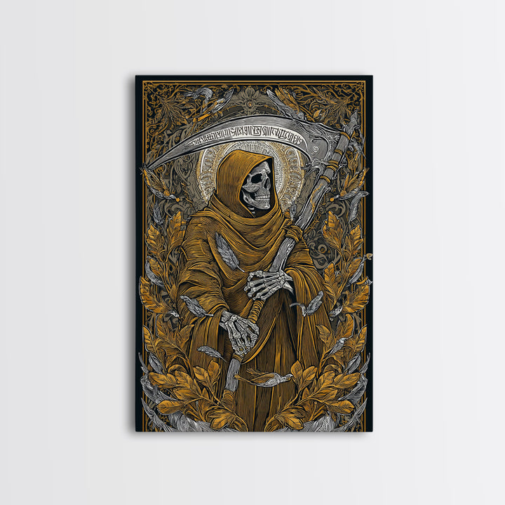 Grim Reaper Canvas Gold Canvas Print, Gothic Mythology Wall Art, Skeleton With Scythe Artwork, Real Wood Frame, Dark Decor