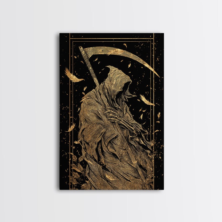 Death Figure Canvas Gold Canvas Print, Gothic Skeleton Wall Art, Grim Reaper Mythology Artwork, Real Wood Frame, Dark Decor