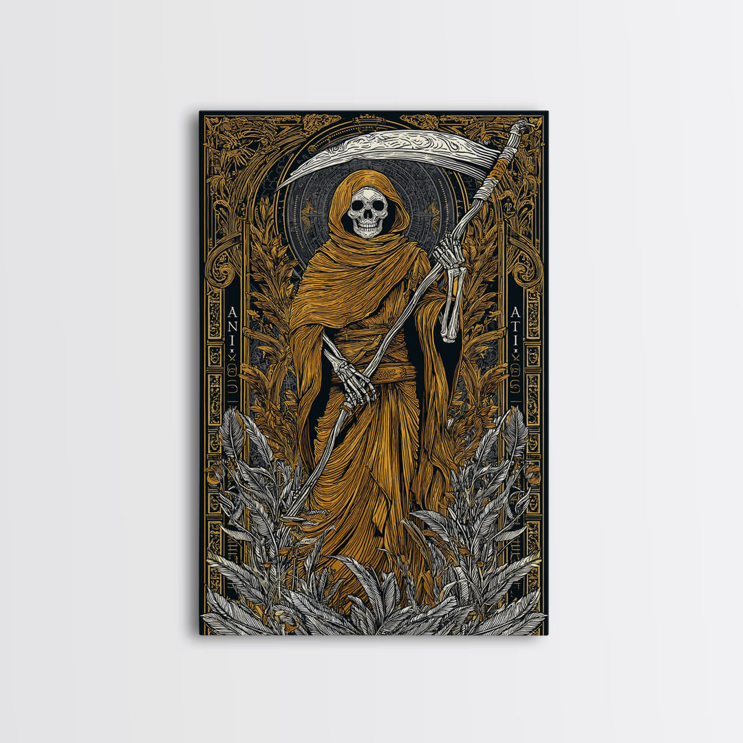 Hooded Skeleton Canvas Gold Canvas Print, Grim Reaper Gothic Wall Art, Dark Mythology Artwork, Real Wood Frame, Unique Decor