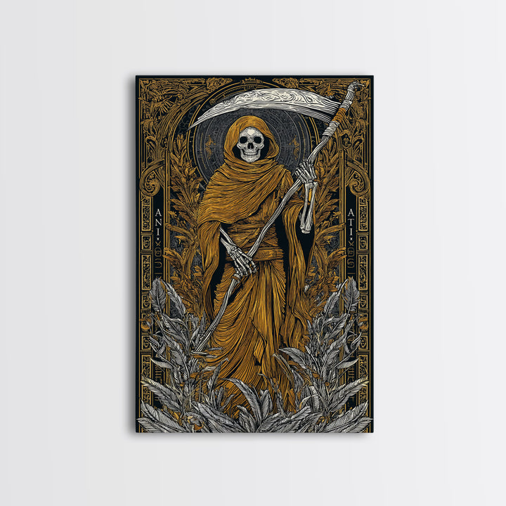 Hooded Skeleton Canvas Gold Canvas Print, Grim Reaper Gothic Wall Art, Dark Mythology Artwork, Real Wood Frame, Unique Decor