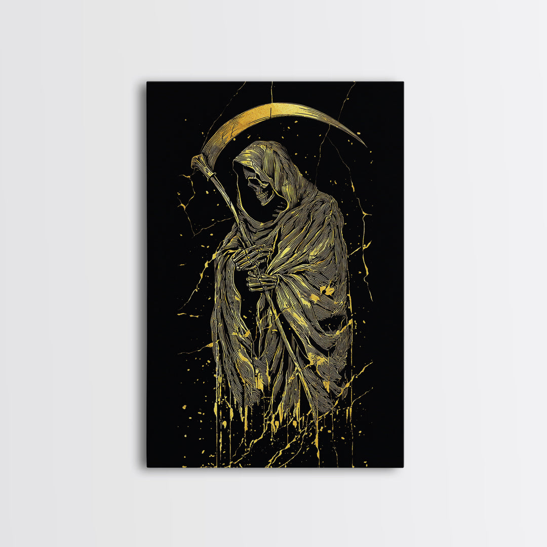 Skeleton With Scythe Canvas Gold Canvas Print, Gothic Mythology Artwork, Grim Reaper Wall Art, Real Wood Frame, Macabre Decor