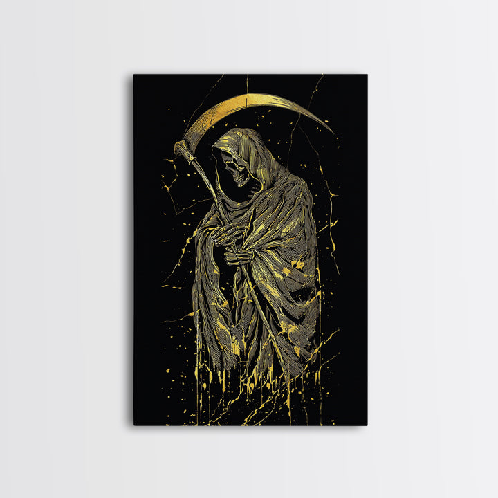 Skeleton With Scythe Canvas Gold Canvas Print, Gothic Mythology Artwork, Grim Reaper Wall Art, Real Wood Frame, Macabre Decor