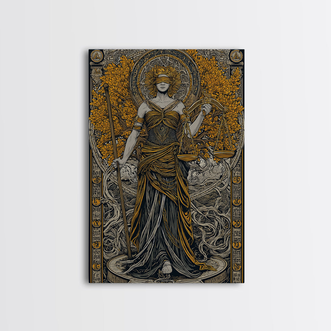 Lady Justice Canvas Gold Canvas Print, Mythology Goddess Wall Art, Scales Of Justice Artwork, Real Wood Frame, Elegant Decor