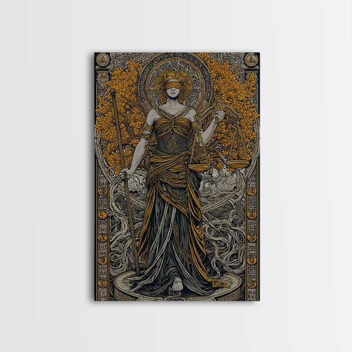 Lady Justice Canvas Gold Canvas Print, Mythology Goddess Wall Art, Scales Of Justice Artwork, Real Wood Frame, Elegant Decor