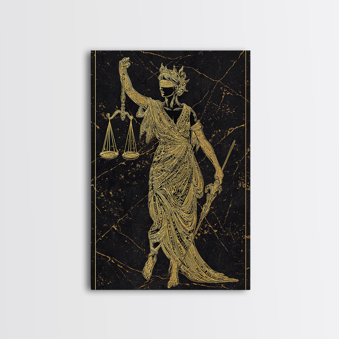 Justice Goddess Canvas Gold Canvas Print, Mythology Law And Order Wall Art, Balance Artwork, Real Wood Frame, Statement Decor