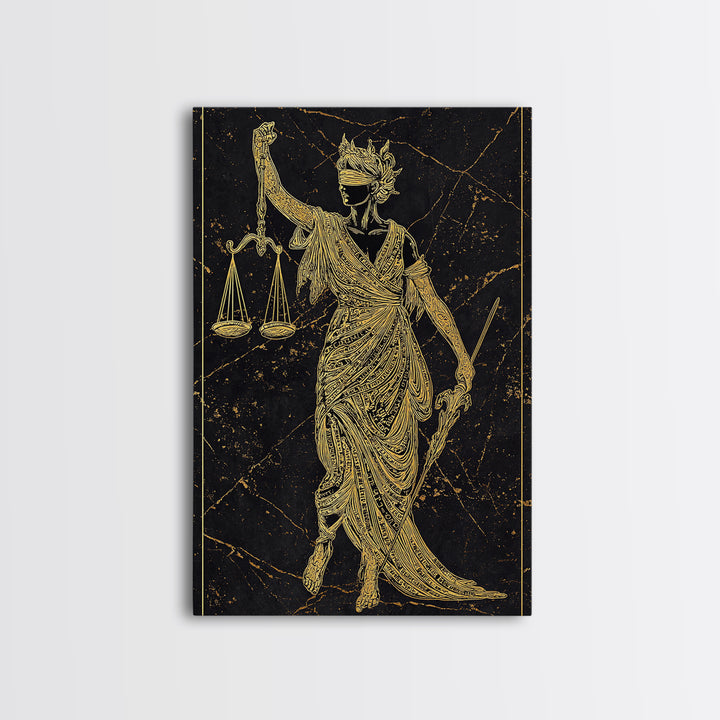 Justice Goddess Canvas Gold Canvas Print, Mythology Law And Order Wall Art, Balance Artwork, Real Wood Frame, Statement Decor