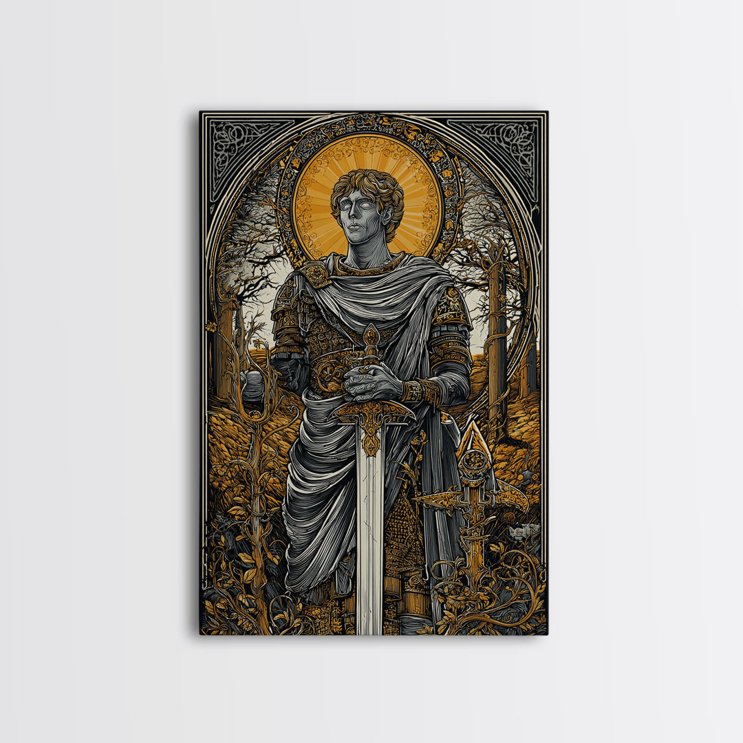 Roman Emperor Canvas Gold Canvas Print, Mythology Warrior Wall Art, Classical Sword Artwork, Real Wood Frame, Ancient Decor
