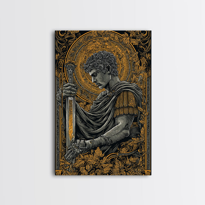 Divine Warrior Canvas Gold Canvas Print, Mythology Wall Art, Ancient Roman Decor, Historical Art Style, Elegant Framed Print