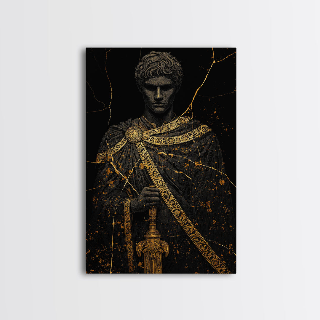Gladiator Canvas Gold Canvas Print, Roman Warrior Wall Art, Ancient History Artwork, Mythology Inspired Home Decor, Real Wood Frame