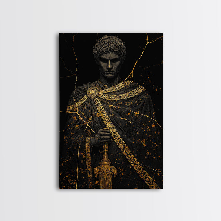 Gladiator Canvas Gold Canvas Print, Roman Warrior Wall Art, Ancient History Artwork, Mythology Inspired Home Decor, Real Wood Frame
