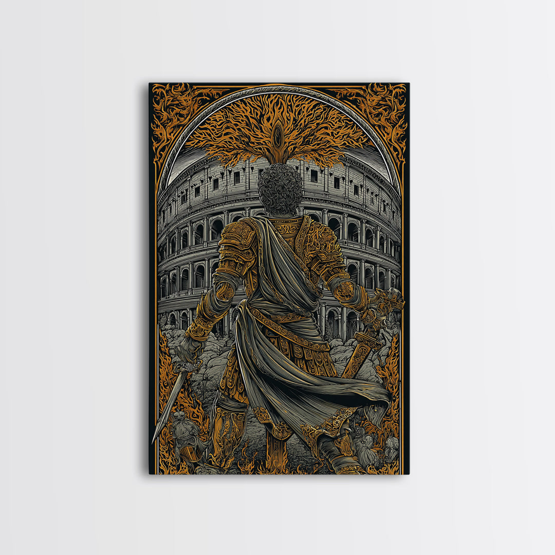 Ancient Rome Canvas Gold Canvas Print, Gladiator Wall Art, Myth Inspired Luxury Home Decor, Classical Warrior Artwork, Wood Frame