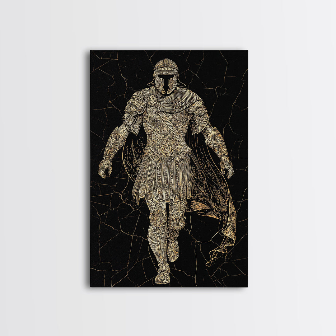 Heroic Roman Canvas Gold Canvas Print, Ancient Warrior Wall Art, Luxury Mythology Decor, Historical Emperor Artwork, Real Wood Frame