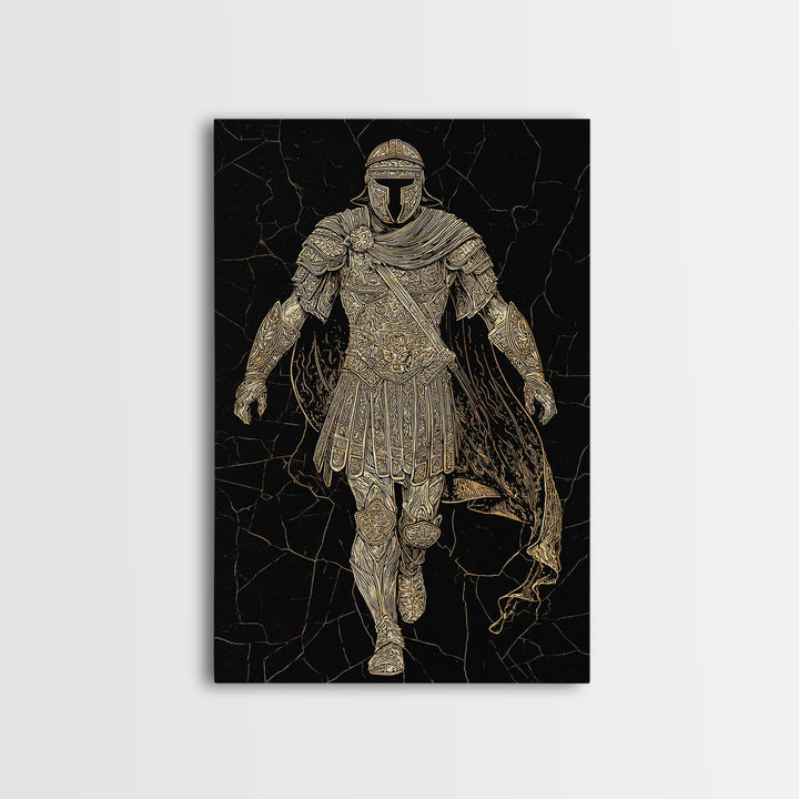 Heroic Roman Canvas Gold Canvas Print, Ancient Warrior Wall Art, Luxury Mythology Decor, Historical Emperor Artwork, Real Wood Frame