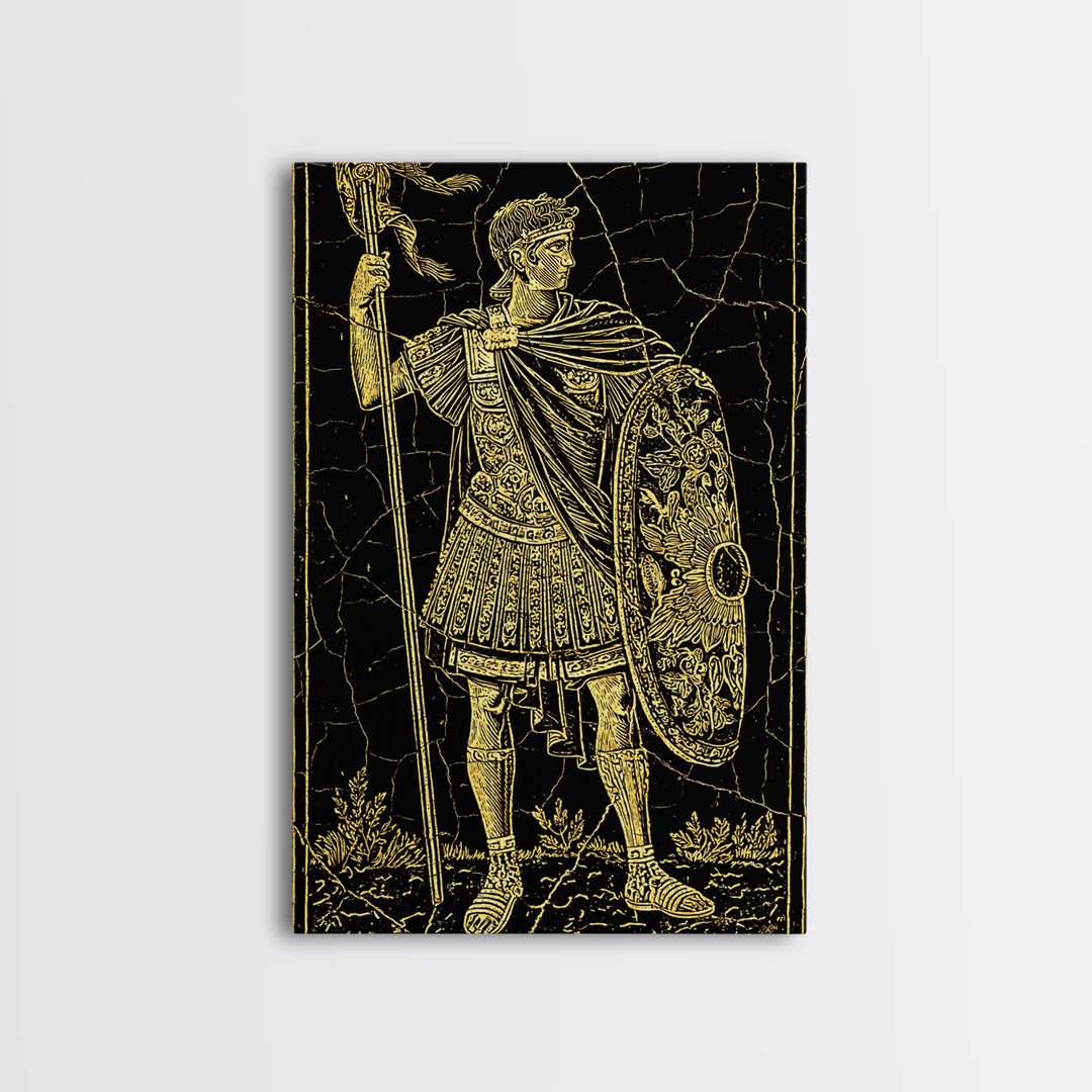Roman Warrior With Shield, Canvas Gold Canvas Print, Mythology Inspired Wall Art, Real Wood Framed Artwork